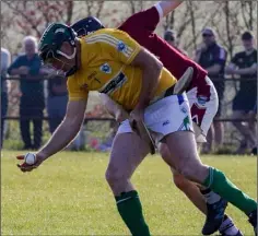  ??  ?? Veteran Glynn-Barntown goalkeeper Tommy Kehoe keeps Donal Kelly of St. Martin’s at bay.