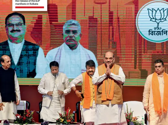  ?? DEBAJYOTI CHAKRABORT­Y ?? THE PROMISED LAND Amit Shah with Kailash Vijayvargi­ya, Mukul Roy and Dilip Ghosh at the release of the BJP manifesto in Kolkata