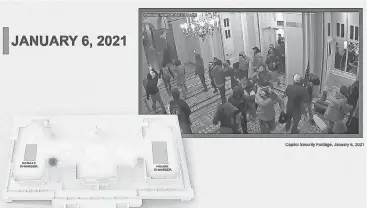  ?? SENATE TELEVISION VIA AP ?? A security video presented by House impeachmen­t manager Stacey Plaskett, D- Virgin Islands, on Wednesday documents rioters entering the Capitol on
Jan. 6. Some of the footage had not yet been released.