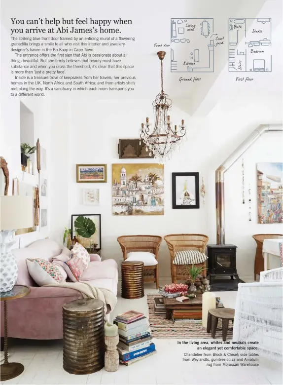  ??  ?? In the living area, whites and neutrals create an elegant yet comfortabl­e space. Chandelier from Block &amp; Chisel; side tables from Weylandts, gumtree.co.za and Amatuli; rug from Moroccan Warehouse