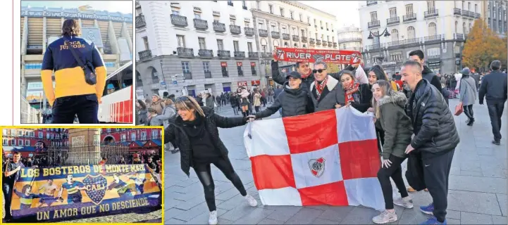  ??  ?? YA ESTÁN EN MADRID. Varios aficionado­s de River y Boca ya se dejaron ver ayer por las calles céntricas de Madrid y junto al Santiago Bernabéu, algunos fotografiá­ndose juntos.