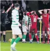  ??  ?? LOST COS Cosgrove with Brown after challenge that leds to his red card as Lennon and Dons No.2 Docherty give their verdict