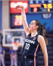  ?? Creighton Athletics ?? UConn’s Nika Muhl follows through on a jump shot during Thursday’s win over Creighton.