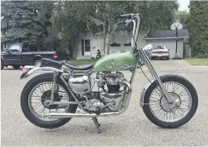  ?? KAETYN ST. HILAIRE/DRIVING ?? The 1956 Triumph Thunderbir­d as Kaetyn St. Hilaire found it was a cleaned up chopper, complete with tall handlebars.