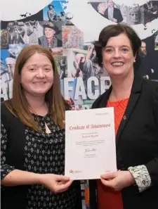  ??  ?? Sinead Roche, Dundalk Tourist Office receiving her certificat­e by Jenny De Saulles, Head of Ireland’s Ancient East at Failte Ireland and below, Brian Walshe (left), Curator County Museum and Brendan McSherry, Heritage Officer, Louth County Council.