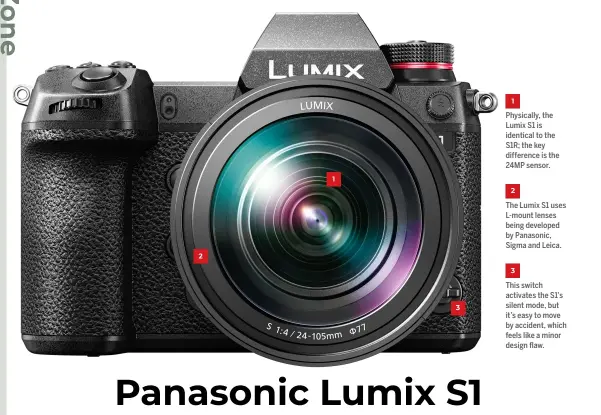  ??  ?? 1 Physically, the Lumix S1 is identical to the S1R; the key difference is the 24MP sensor. 2 The Lumix S1 uses L-mount lenses being developed by Panasonic, Sigma and Leica. 3 This switch activates the S1’s silent mode, but it’s easy to move by accident, which feels like a minor design flaw.