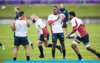  ??  ?? TOKYO: England’s lock Maro Itoje (2nd,R) and England’s prop Joe Marler (2nd,L) in a training session at the Fuchu Asahi Football Park yesterday, during the Japan 2019 Rugby World Cup. — AFP