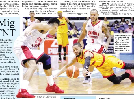  ??  ?? Games Monday (Ynares Sports Arena, Pasig City) 11 a.m. – Batangas vs Cignal-San Beda 1 p.m. - Victoria Sports vs AMA Star Hotshots Justin Melton dives for the loose ball against Ginebra’s Aljon Mariano in Game 1 of their PBA semis series which the...