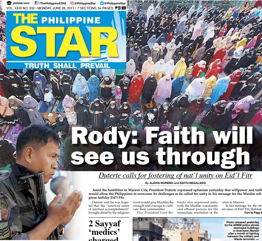  ?? ANDY ZAPATA JR., REUTERS ?? Muslim women and children offer Eid’l Fitr prayers at the Baguio Athletic Bowl yesterday. Inset shows a police officer praying outside a mosque within the city hall compound in Marawi City. The religious holiday marks the end of the Muslim fasting...