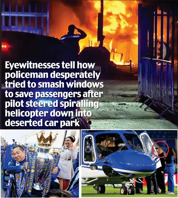  ??  ?? Success: Vichai Srivaddhan­aprabha with League trophy Flight: Mr Srivaddhan­aprabha, circled, taking a helicopter in April