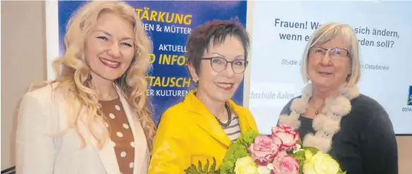  ?? FOTO: JOSEF SCHNEIDER ?? Julia Frank (Mitte) hat beim Frauenrat Ellwangen über die Umfrageerg­ebnisse der Studie des Kreisfraue­nrats zur Situation der Frauen im Ostalbkrei­s berichtet. Mit auf dem Bild sind die Leiterin des Frauenrats Ellwangen, Olga Krasniqi (links), und die Sprecherin des Kreisfraue­nrats, Margot Wagner.