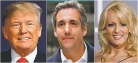  ??  ?? This combinatio­n photo shows, from left, President Donald Trump, attorney Michael Cohen and adult film actress Stormy Daniels.