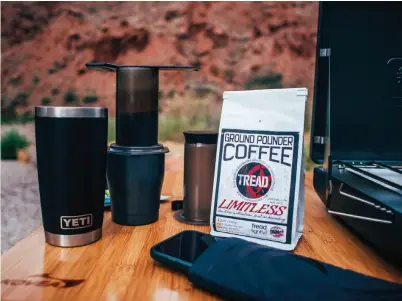  ?? ?? An AeroPress Go and some Ground Pounder Tread Limitless provided an afternoon pick me up when on a trip
in Moab, Utah.