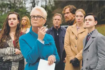  ?? Claire Folger, Lionsgate ?? From left: Katherine Langford, Toni Collette, Jamie Lee Curtis, Don Johnson, Michael Shannon, Riki Lindholm and Jaeden Lieberher in “Knives Out.”