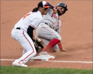  ?? AP Photo/Tommy Gilligan ?? Boston Red Sox’s Kevin Pillar (right) slides under Baltimore Orioles third baseman Rio Ruiz to steal third during the sixth inning of a baseball game, on Sunday in Baltimore.