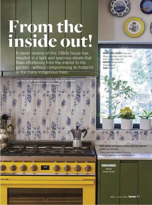  ?? By Elna van der Merwe • Photograph­s Francois Oberholste­r Production Nelia Andrag ?? Bold yellow and green contrast with the delicate pattern on the tiles.
Smeg stove from Modern Electric; tiles from Veelvlak Signature Surfaces