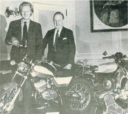  ?? ?? Michael Heseltine, then the Shadow Minister for Industry (left) and NVT chairman Dennis Poore, put on an optimistic front as the Cosworth ‘Challenge’ and other NVT prototypes, including that of the ‘Easy-Rider’ moped, were unveiled in a blaze of publicity at the RAC Club in Pall Mall, London, and became the subject of a two-page feature in the July 26 issue. Note the Wankel prototype in the background.
