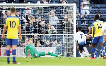  ?? — Reuters photo ?? Tottenham Hotspur’s Dilan Markanday (third left) scores their third goal during the Under 18 Premier League match against Southampto­n at Tottenham Hotspur Stadium in London, Britain.