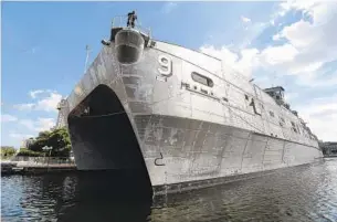  ??  ?? The USNS City of Bismarck, a shallow-draft catamaran, pulls into Pier 5. City of Bismarck is an Expedition­ary Fast Transport ship.