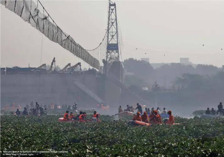  ?? Rescuers search for survivors after a suspension bridge collapsed in Morbi town in Gujarat, India ??