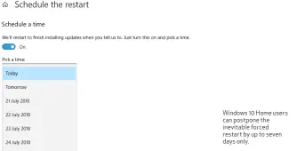  ??  ?? Windows 10 Home users can postpone the inevitable forced restart by up to seven days only.
