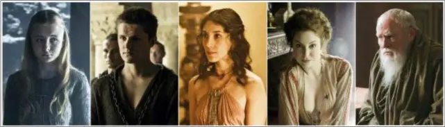  ?? HBO ?? This combinatio­n of photos shows, from left, Kerry Ingram portraying Shireen Baratheon, Eugene Simon portraying Lancel Lannister, Sibel Kekilli portraying Shae, Esme Bianco portraying Ros and Julian Glover portraying Grand Maester Pycelle in the HBO series “Game of Thrones.”