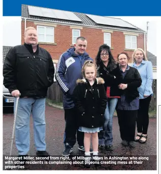  ??  ?? Margaret Miller, second from right, of Milburn Mews in Ashington who along with other residents is complainin­g about pigeons creating mess at their properties