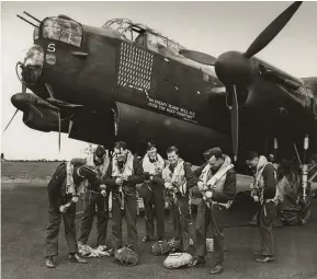  ??  ?? A Lancaster crew normally consisted of seven men: pilot (captain), flight engineer, navigator, bomb aimer, wireless operator, mid-upper gunner and rear gunner. The aircraft behind this crew is Lancaster R5868 “S-Sugar,” which is now on display in the RAF Museum at Hendon, near London. It is a telling fact that of around 6,500 Lancasters that flew on bombing operations during WW II, only 35 individual aircraft completed more than 100 ops each. R5858 is the last of those in existence. (Photo John Dibbs collection)