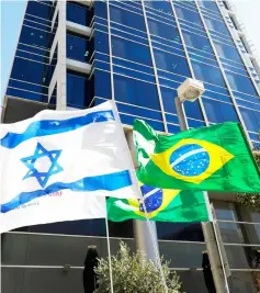  ??  ?? Fle photo shows the Israeli and Brazilian flags hanging outside the building housing the offices of the Brazilian Embassy, in the Israeli city of Tel Aviv. — AFP photo