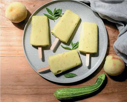  ??  ?? The addition of zucchini in these peach and zucchini sorbet ice blocks adds a nice creaminess. PHOTOS: NICOLA GALLOWAY