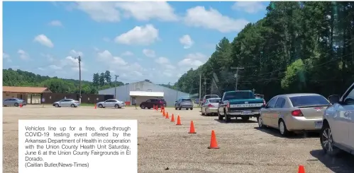  ??  ?? Vehicles line up for a free, drive-through COVID-19 testing event offered by the Arkansas Department of Health in cooperatio­n with the Union County Health Unit Saturday, June 6 at the Union County Fairground­s in El Dorado.
(Caitlan Butler/News-Times)