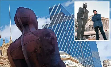  ?? ?? The Iron:Man statue is back in Victoria Square in Birmingham. Inset, Sir Antony Gormley beside the statue in 1993
