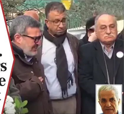  ?? ?? WEEPING: Video shows Dr Ghassan Abu-Sittah, left, joined mourners at a memorial service for Palestinia­n terror group leader Maher Al-Yamani, right, in Beirut in 2020