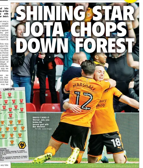  ?? PICTURE: Action Images ?? KNEES-Y DOES IT: Wolves’ Jota celebrates his second goal with Ben Marshall