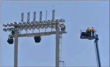  ?? HAMILTON SPECTATOR FILE PHOTO ?? A tower speaker at Tim Hortons Field plunged into the empty seats last summer.