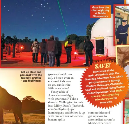  ?? ?? Get up close and personal with the friendly giraffes – and feed them!
Gaze into the clear night sky
at Dubbo Observator­y.
for