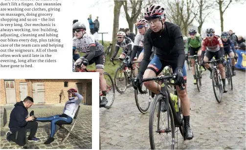  ??  ?? Cecilie takes on the grim weather conditions at the Tour of Flanders, the last race of her stint in Belgium