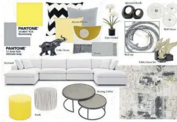  ??  ?? With a grey neutral, infuse metallics and textures for a more layered look as seen in Spaces Design studio’s mood board.