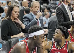  ?? CHRIS YOUNG THE CANADIAN PRESS FILE PHOTO ?? Raptors assistant coach Brittni Donaldson is seen on the bench during a game against the Philadelph­ia 76ers. The Raptors have 14 women on their front-office staff, including Donaldson.