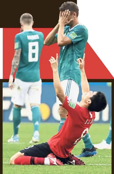  ?? — AP ?? Unbelievab­le: Germany players react as South Korea’s Ju Se-jong celebrates after the shock 2- 0 win at the Kazan Arena yesterday.
