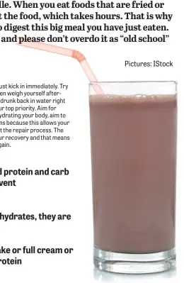  ?? After every match, your recovery strategy must kick in immediatel­y. Try and weigh yourself before your match and then weigh yourself afterwards. The decrease in body weight must be drunk back in water right there and then. Replacing the fluids lost is you ??