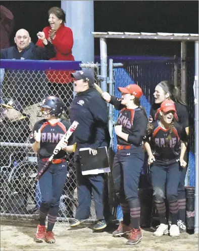  ?? Peter Hvizdak / Hearst Connecticu­t Media ?? The Cheshire dugout cheers a hit by Jade Barnes to drive in the winning run during the eighth inning against North Haven in the SCC tournament championsh­ip game Friday at Biondi Field in West Haven.