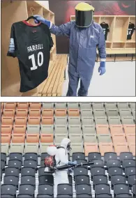  ??  ?? DEEP CLEAN: A Rentokil Initial technician replaces Owen Farrell’s jersey after using a machine that uses an ultraviole­t light treatment to clean the locker, and more cleaning of the seats.