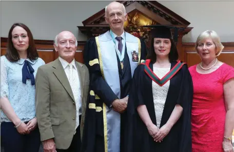  ??  ?? Drogheda woman Carmen McKeon graduated with a degree of Master of Pharmacy (MPharm) from RCSI at the College’s Higher Degree Conferring. Pictured (l to r) is Rachel McKeon, Anthony McKeon, Professor Cathal Kelly, CEO/Registrar of RCSI, Carmen McKeon...