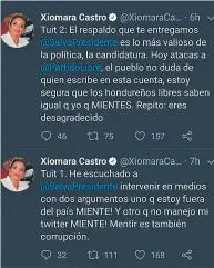  ??  ?? DIFERENCIA­S. Xiomara Castro está desilusion­ada por el trato que reciben de Nasralla. Sus mensajes en Twitter son evidentes.