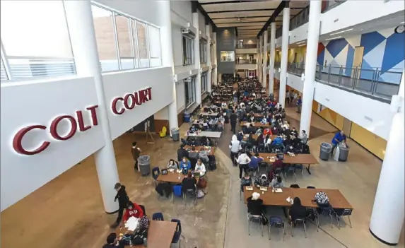  ?? Darrell Sapp/Post-Gazette ?? The "Colt Court" is at the center of the new addition to Chartiers Valley High School. The $50 million project places emphasis on 21st-century learning.