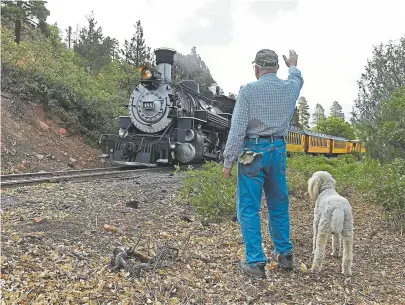  ?? Helen H. Richardson, The Denver Post ?? Cresswell “Cres” Fleming, with his dog, Stella, waves to Durango &amp; Silverton Locomotive 486 as it makes its way toward Durango on Tuesday near Hermosa.