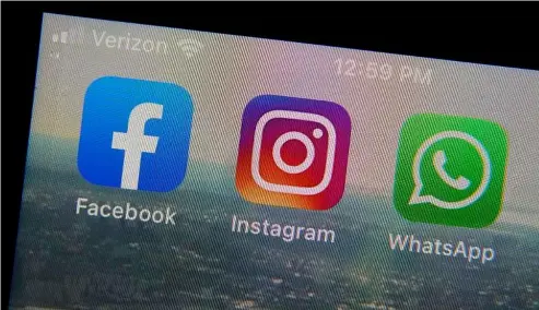  ?? ?? Mobile phone app logos for, from left, Facebook, Instagram and WhatsApp.