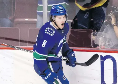  ?? BEN NELMS/THE CANADIAN PRESS ?? Canucks rookie forward Brock Boeser has teamed with Bo Horvat to give the Canucks a promising young duo to build around, but what general manager Jim Benning does next will prove whether his contact extension announced Wednesday is worth it, writes Ed...