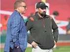  ?? ADAM CAIRNS/COLUMBUS DISPATCH ?? Kirk Herbstreit talks to Ohio State coach Ryan Day prior to Saturday’s Rose Bowl.